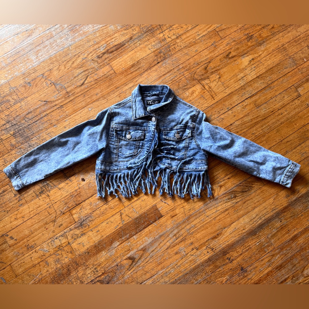Thrill - Fringe Cropped Acid Washed Denim Jacket